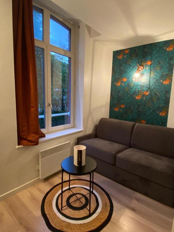un salon avec un canapé et une table dans l'établissement Charman Studi au coeur de Lille, à Lille