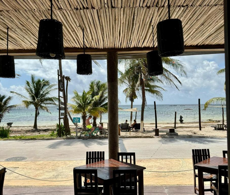 a view of the beach from a restaurant with tables and chairs at Hotel Luna De Plata in Mahahual