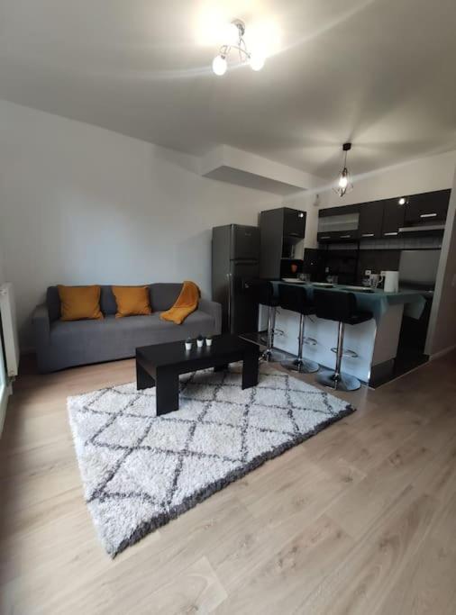 un salon avec un canapé et une table dans l'établissement Le Romainvillois-Terrasse aux portes de Paris, à Romainville