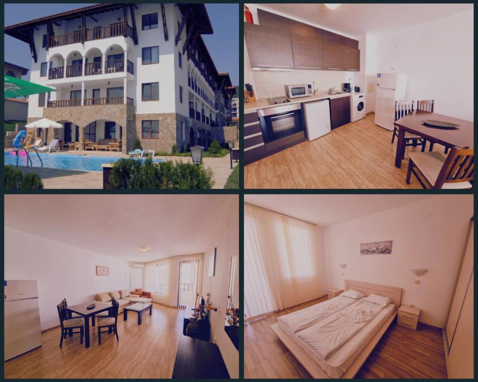 a collage of four pictures of a apartment at Top Complex in Sveti Vlas