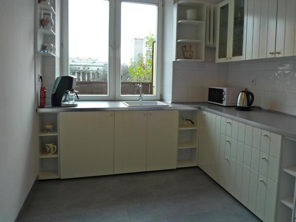 ワルシャワにあるCenter Apartmentの白いキャビネット、シンク、窓付きのキッチン