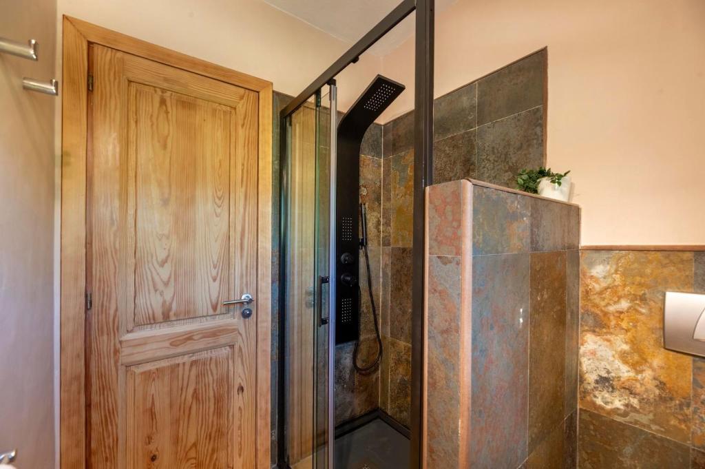 a shower with a wooden door in a bathroom at Can Botanic in Sant Josep de sa Talaia