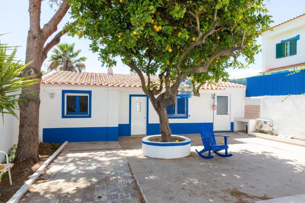 a blue chair and a tree in front of a house at Villa Mon Bonheur in Altura