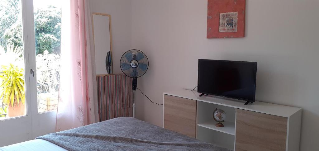 Televízia a/alebo spoločenská miestnosť v ubytovaní Bel appartement avec grande terrasse ensoleillée et jardin