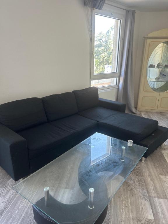 - un salon avec un canapé noir et une table basse en verre dans l'établissement Le coins sympa, à Lyon