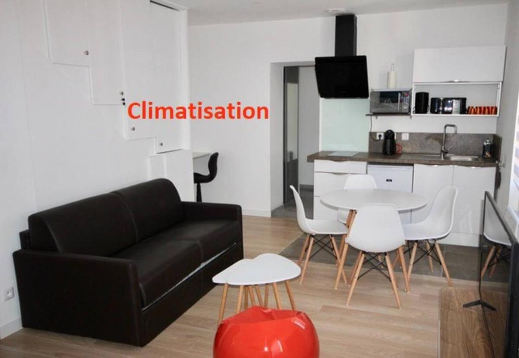 un salon avec un canapé noir et une table dans l'établissement Tout Beau Tout Neuf, à Toulouse