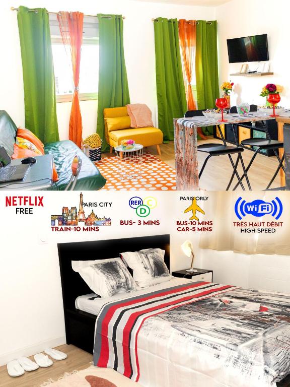 une présentation d'une pièce avec un lit et une table dans l'établissement Cloud Nine, 5mins ORLY Airport, à Athis-Mons