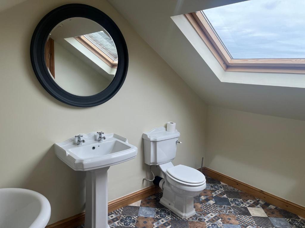 a bathroom with a toilet and a sink and a mirror at Cherry Blossom lodge deluxe loft in Marton