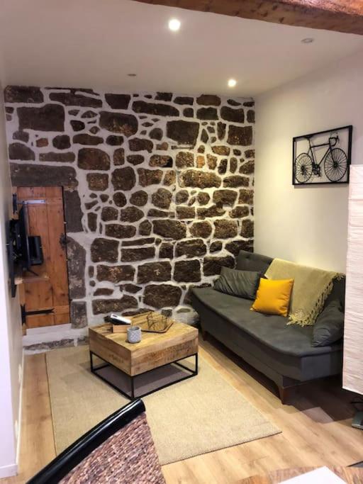 un salon avec un canapé et un mur en pierre dans l'établissement La Pierre De Lave appartement Le Corsaire, à Agde
