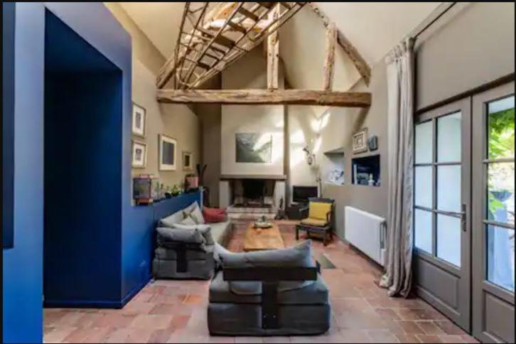 un salon avec des canapés et un mur bleu dans l'établissement Gîte de Charme 4 PERSONNES ZOO Beauval, Châteaux de la Loire, à Billy