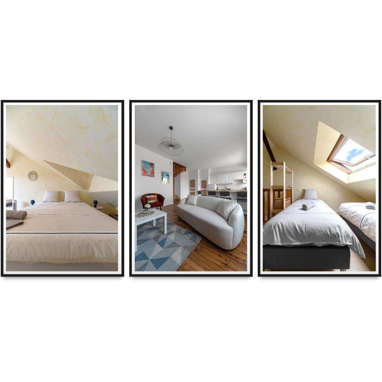 quatre photos d'une chambre avec trois lits dans l'établissement Le Grenet - Appartement design en duplex, à Vichy