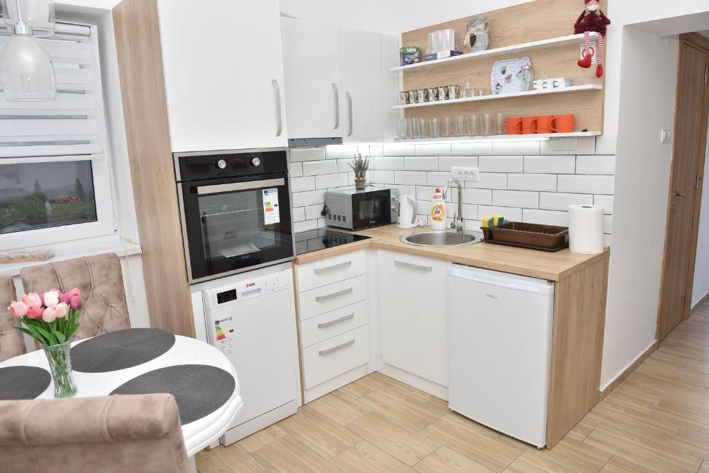 Kuchyň nebo kuchyňský kout v ubytování Dora Apartman