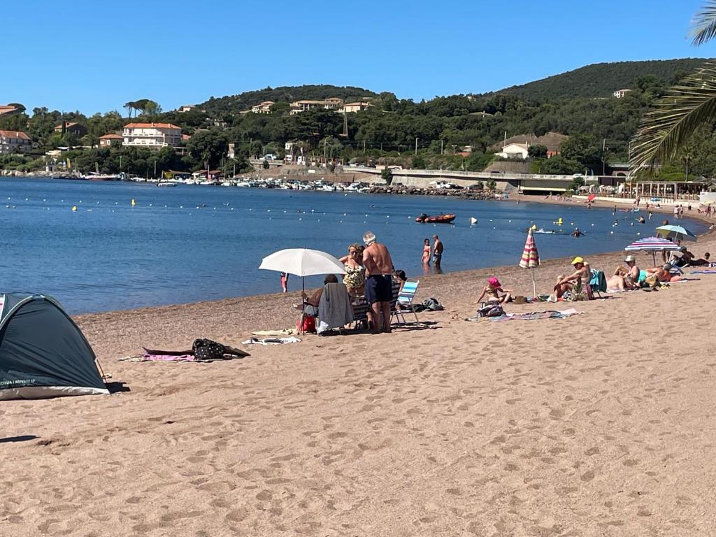un groupe de personnes assises sur une plage dans l'établissement AGAY plage, à Saint-Raphaël