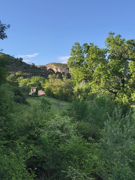 une maison au milieu d'une colline arborée dans l'établissement La Bergerie de Chateau Fontvert, à Lourmarin