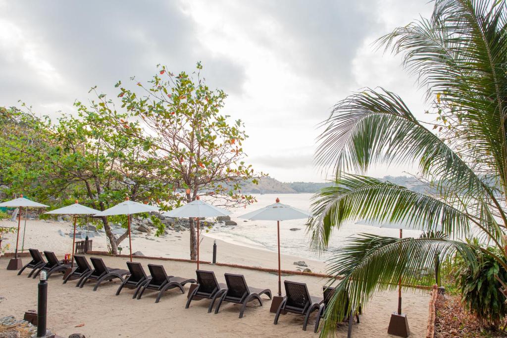 a row of chairs and umbrellas on a beach at Baan Krating Phuket Resort -SHA Plus in Nai Harn Beach