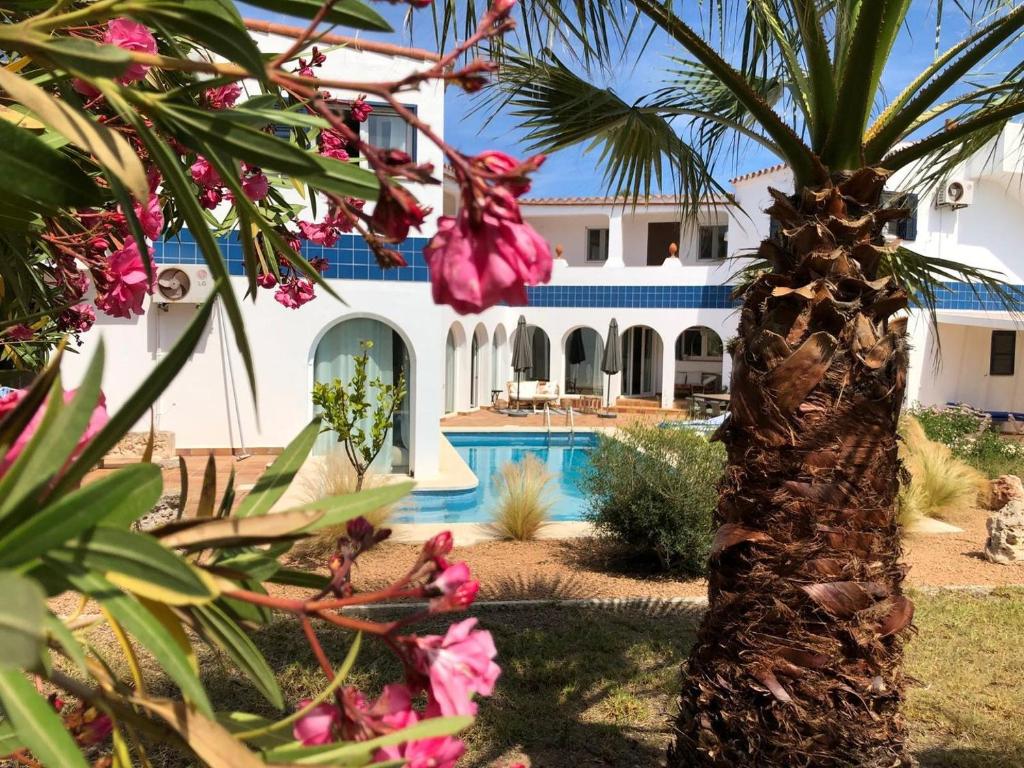 a palm tree in front of a house with a swimming pool at Charming Villa Son Parc in Son Parc