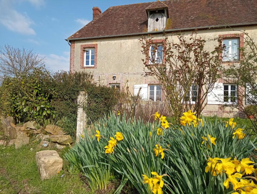 una casa vieja con flores amarillas delante de ella en Sainte-Suzanne gîte de LA FERME calme et tranquille, en Les Baux-de-Breteuil