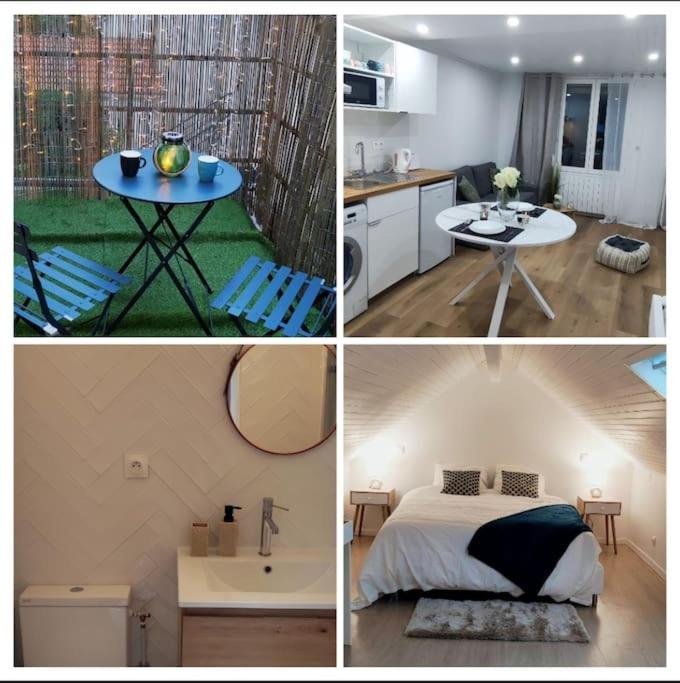 un collage de quatre photos d'une cuisine et d'une chambre dans l'établissement Maison cosy Paris La Défense, à Nanterre