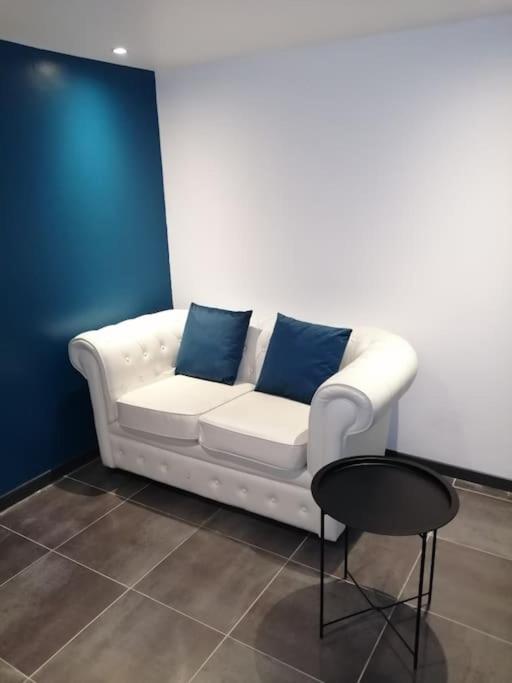 - un canapé blanc avec 2 oreillers bleus dans l'établissement Appartement tout proche de Bourg-en-Bresse, à Péronnas