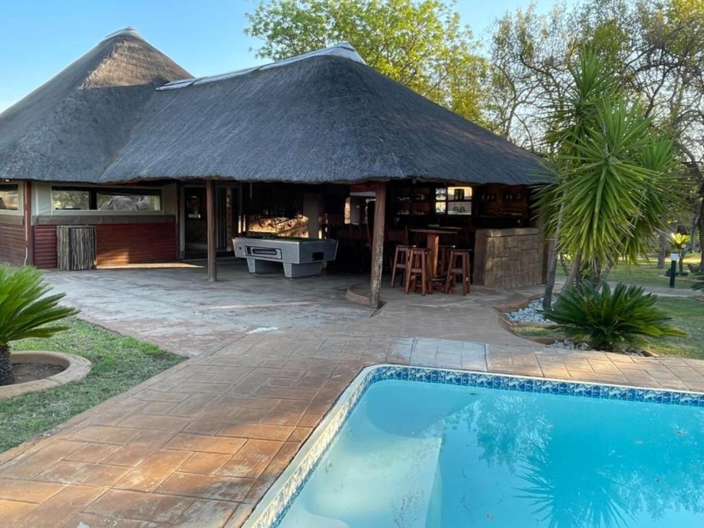 a house with a thatched roof and a swimming pool at Zomoya Game Farm in Vaalwater