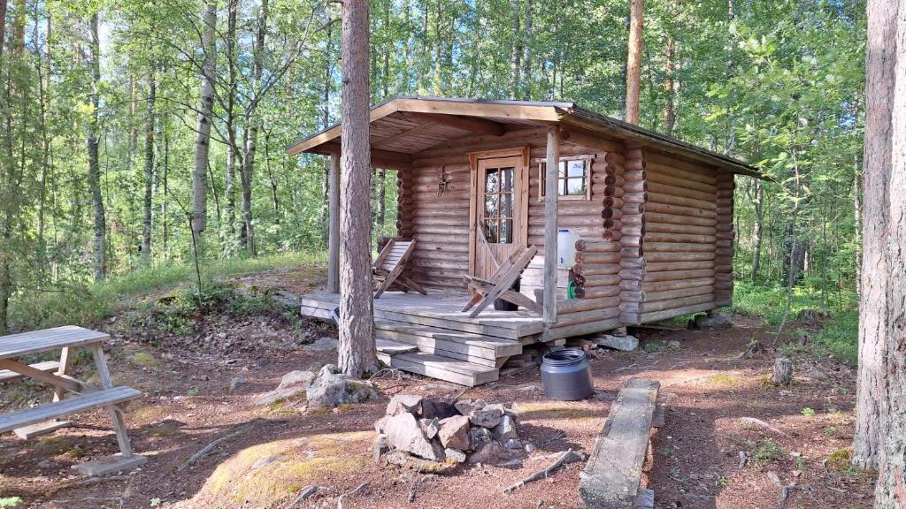 een houten hut midden in het bos bij Metsäsydän mökki 4 Mettäpöyröö in Puumala