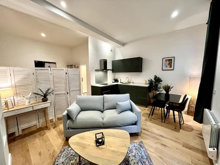 un salon avec un canapé et une table dans l'établissement Petit loft en centre historique, à Bordeaux
