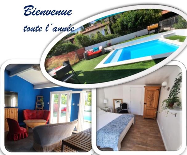 un collage de photos d'une maison et d'une piscine dans l'établissement Location au cœur de la Provence, à Lamanon