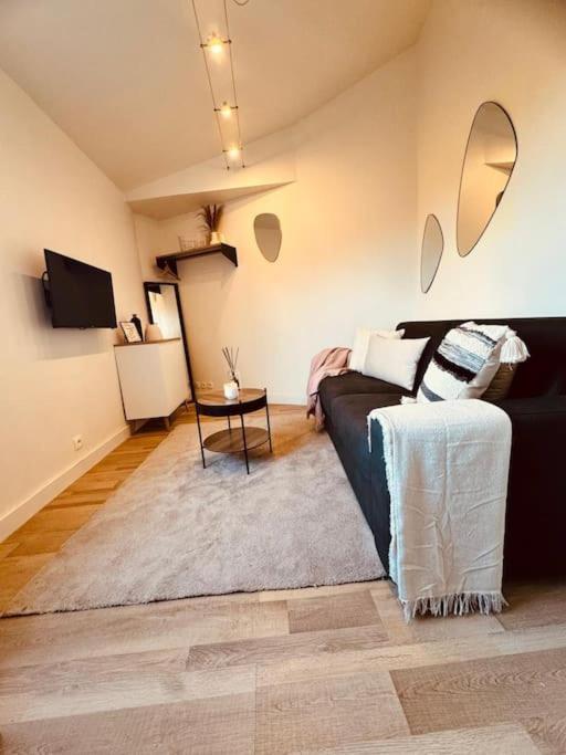 un salon avec un canapé noir et une table dans l'établissement Le Cosy Du Roi, WIFI,GARE,PARIS, à Versailles