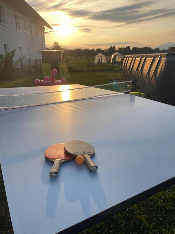 a skateboard sitting on top of a table at Spacious & Cozy Countryside Apartment in Šenčur
