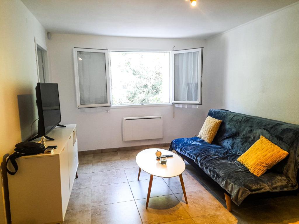 un salon avec un canapé et une table dans l'établissement Celle centre village proche therme, à Amélie-les-Bains-Palalda