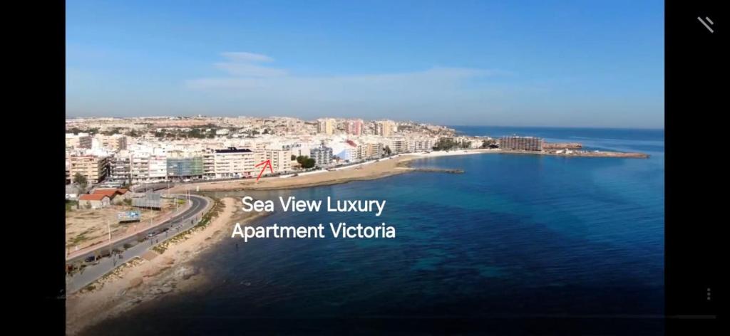 Luftblick auf einen Strand in einer Stadt in der Unterkunft Sea View Luxury Apartment Victoria in Torrevieja