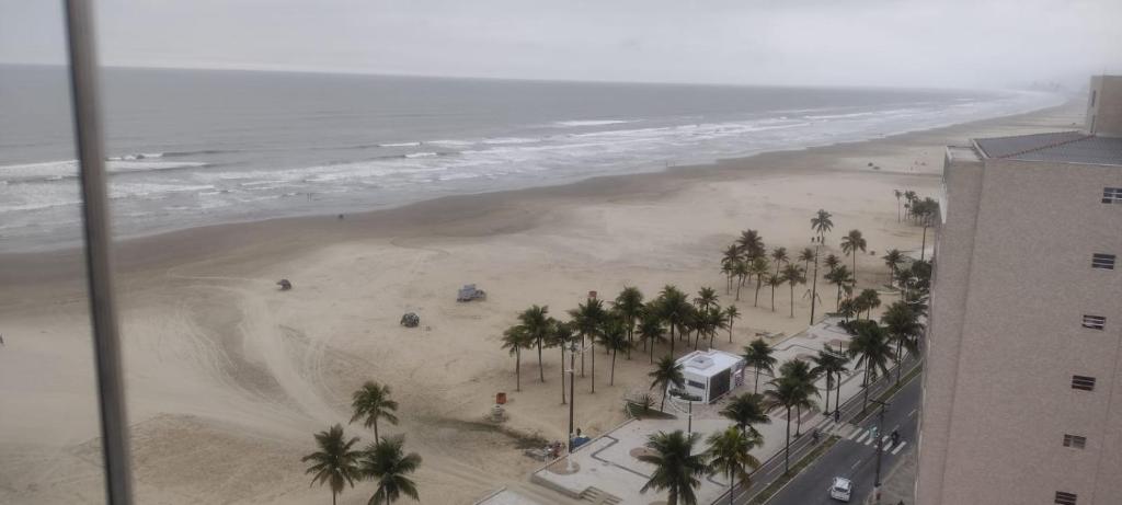 a view of a beach with palm trees and the ocean at Apartamento do Simão in Praia Grande