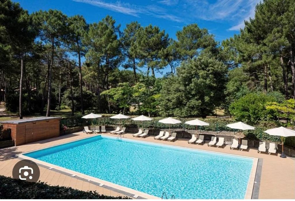 une piscine avec chaises et parasols dans l'établissement maison lacanau ocean, à Lacanau