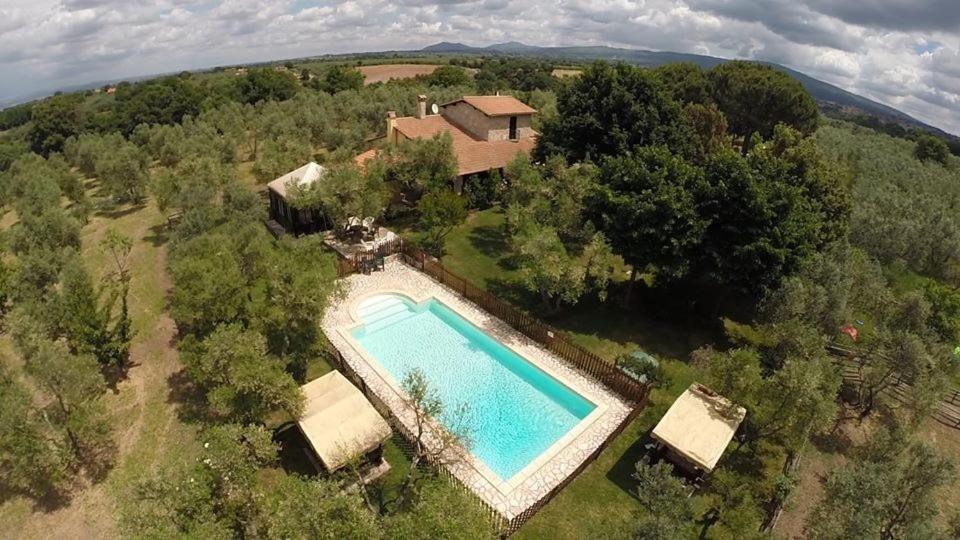 una vista aérea de una casa con piscina en Il Pozzo Romano, en Vetralla