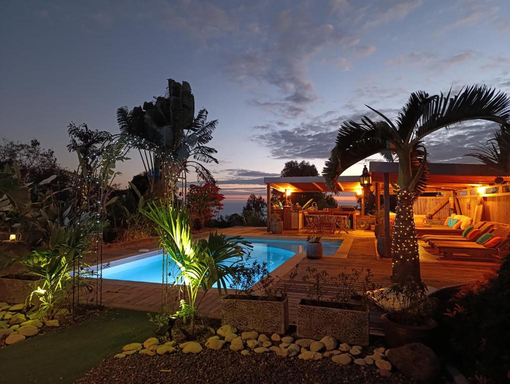 a resort with a swimming pool and palm trees at Villa Baies Roses in Saint-Leu