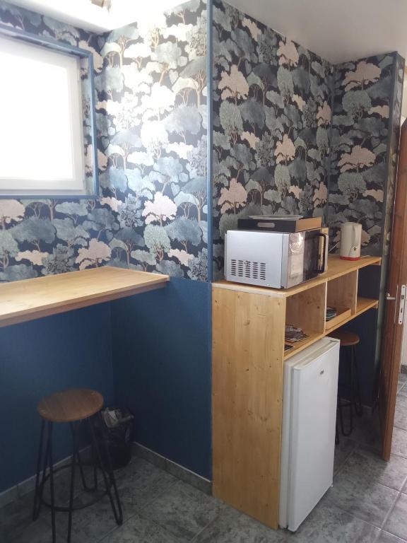 une cuisine avec un comptoir et un mur recouvert de papier peint dans l'établissement La villa DEF'S, à Huppy