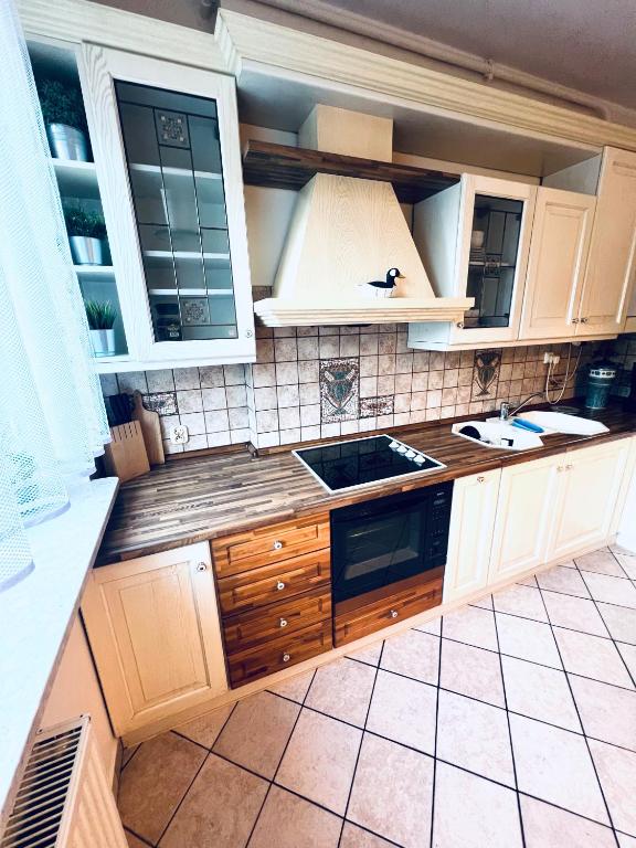 kuchnia z białymi szafkami i zlewem w obiekcie Sopot Family Place w mieście Sopot