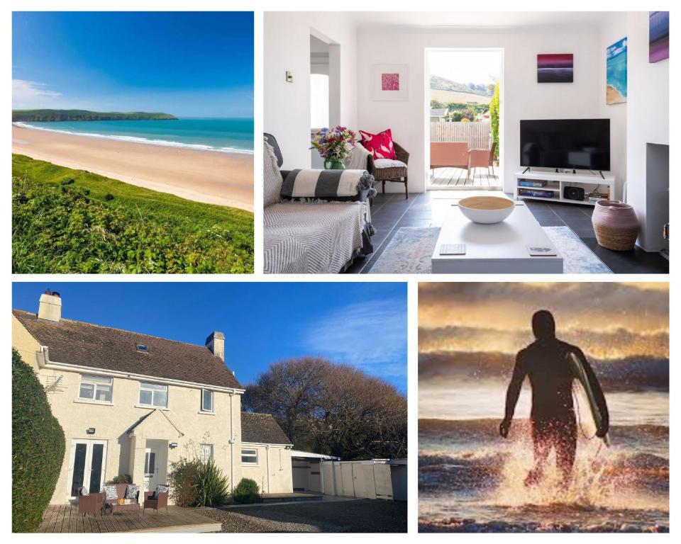 a collage of pictures of a man walking in the ocean at WOOLACOMBE OAKLEA 4 Bedrooms in Woolacombe