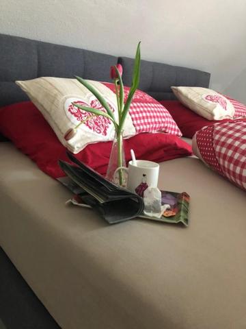 a tray with a plant on top of a bed at Ferienwohnung Silvaner in fränkischer Weinregion in Ipsheim