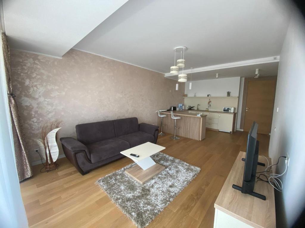 a living room with a couch and a tv at Apartament Alex S 405 Vogh Olimp in Olimp