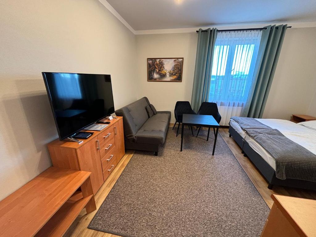 Televízia a/alebo spoločenská miestnosť v ubytovaní Apartamenty JN Poznań Rzeczna 4