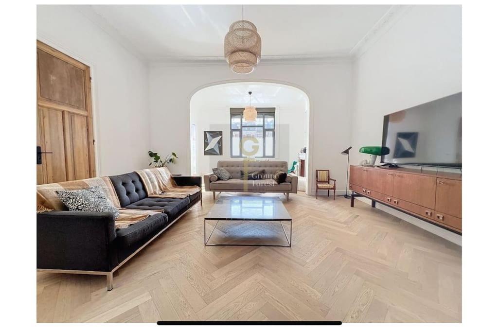 ein Wohnzimmer mit Sofa und Tisch in der Unterkunft Luxury house 8pp near subway and Lille center in Marcq-en-Baroeul