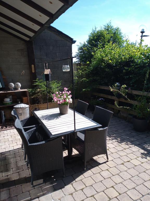 a table with chairs and a potted plant on a patio at vakantieverblijf Coo-sy in Stavelot
