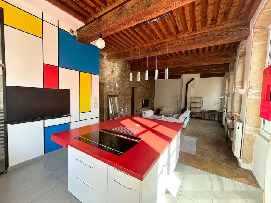 - une cuisine avec un évier et un mur coloré dans l'établissement Loft cosy - 2 chambres - Vieux Lyon, à Lyon