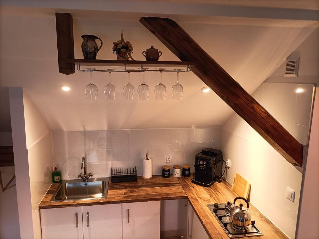 a kitchen with glasses on a shelf above a sink at Apartamenty w Stodole in Krościenko