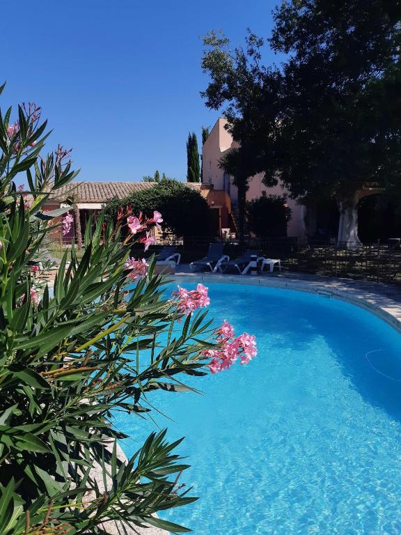 une piscine bleue avec des fleurs roses dans une cour dans l'établissement Chambres d'hôtes, B&B La Musardière, à Alba-la-Romaine