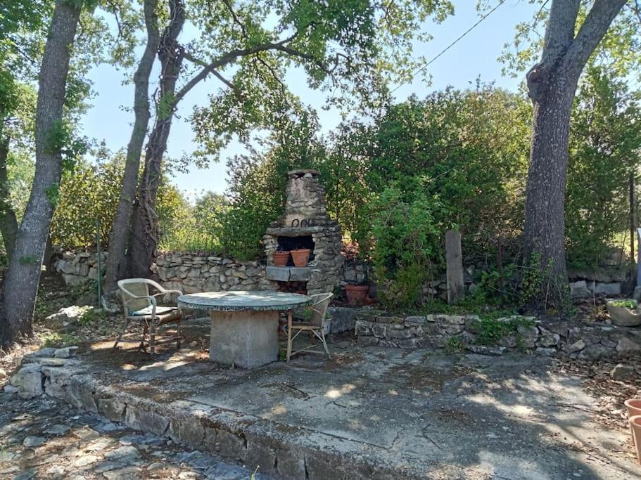 une table et des chaises en pierre à côté d'une cheminée en pierre dans l'établissement La garenne basse chez Sylvie, à Saint-Didier