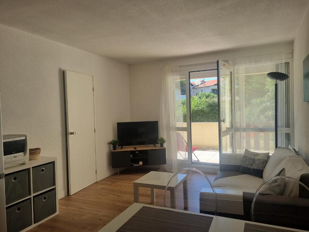 un salon avec un canapé et une télévision dans l'établissement Appartement rénové à Seignosse : Plage et commerces à pied, terrasse et wifi inclus - FR-1-239-1081, à Seignosse