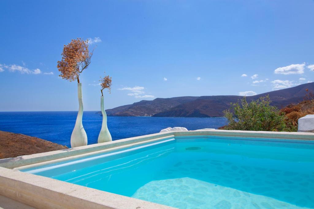 a swimming pool with two trees in vases next to the water at Tholaria Boutique Hotel in Astypalaia