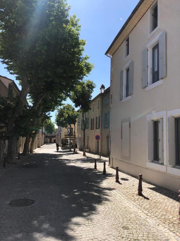 une rue vide avec un arbre et un bâtiment dans l'établissement Maison Corbieres, à Peyriac-de-Mer